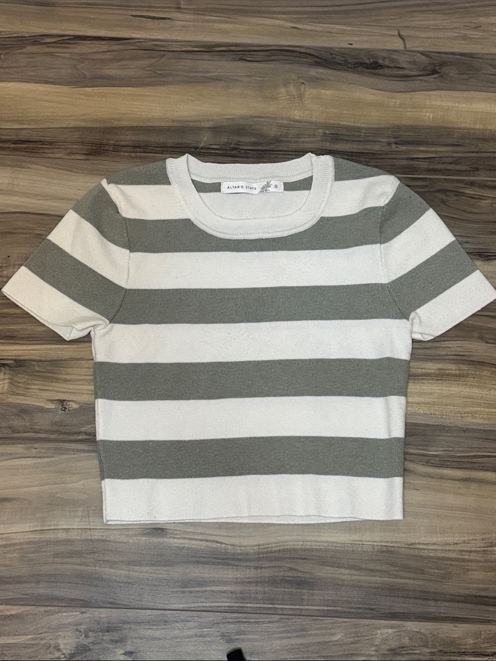 Altar'd State Olive Green and Cream Striped Short Sleeve Cropped Knit Top